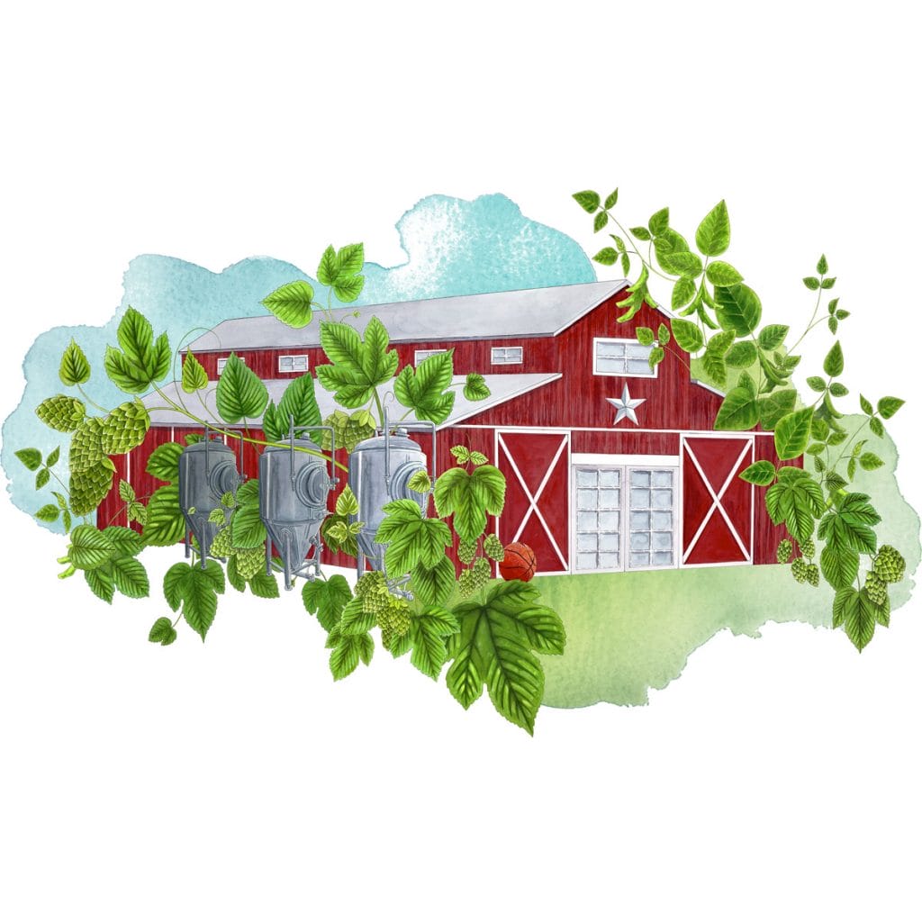 Illustration of a barn with hops vines and soy plants