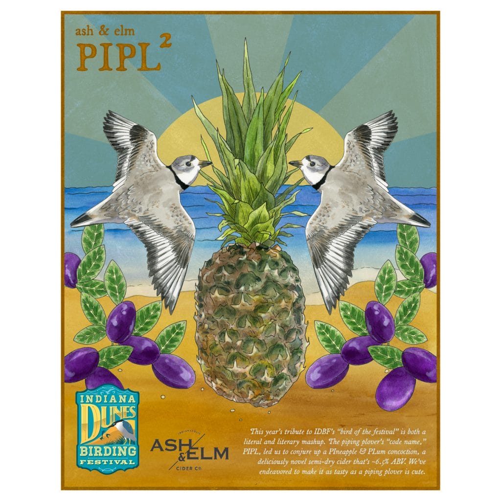 Illustrated poster for Indiana Dunes Birding Festival, showing several piping plovers, a pineapple and plums, and the festival's featured hard cider