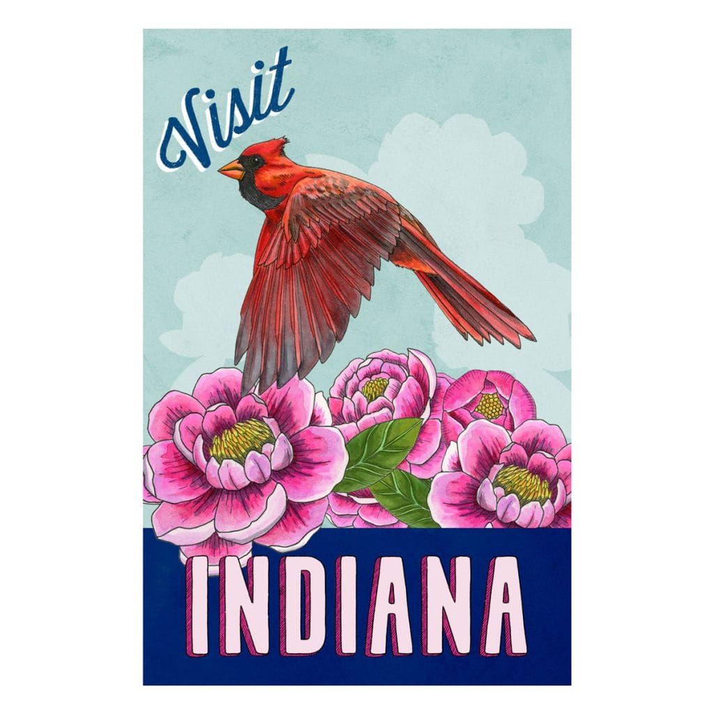 Illustration of a Northern cardinal and peonies on a vintage-style state postcard for Indiana
