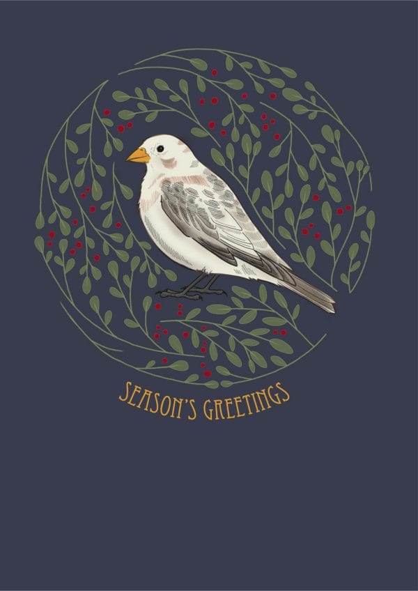 Holiday greeting card design with a circle of mistletoe branches surrounding a snow bunting, with the slogan Seasons Greetings below