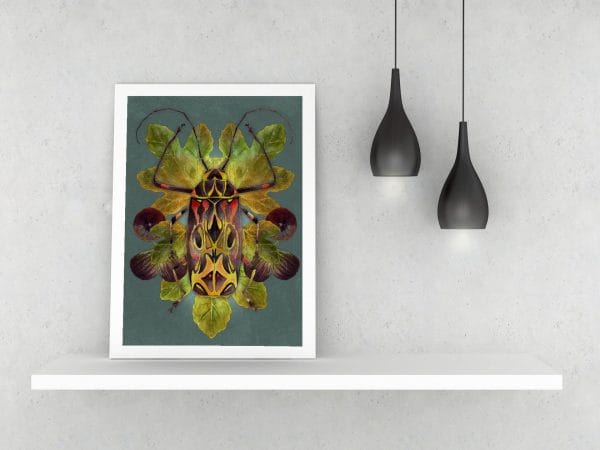 Art print of a colorful harlequin beetle illustrated in watercolor with fig fruit and leaves